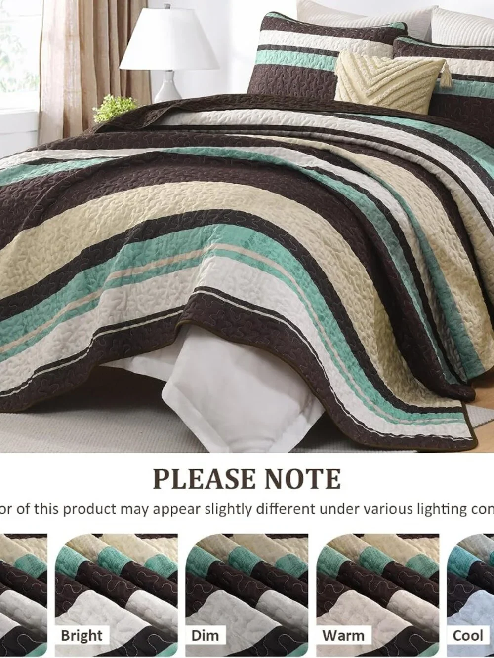 Red Brown Boho Striped 3-Piece Quilt Bedding Set w/Shams